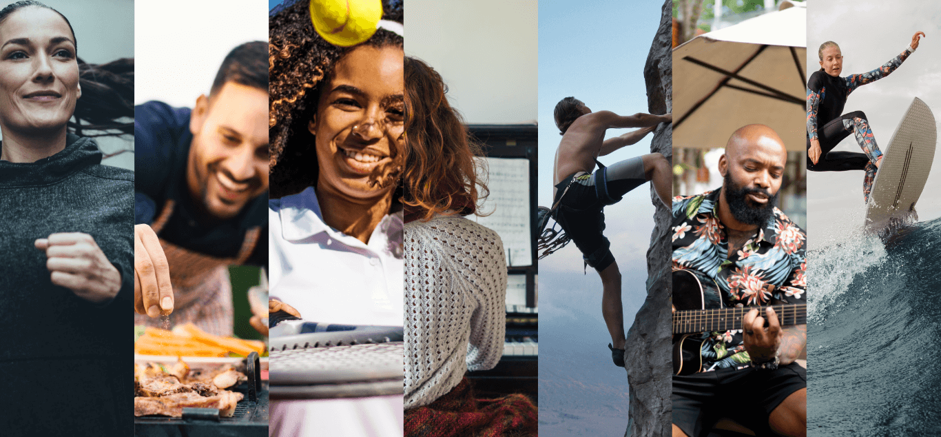 Montage of 7 images of people doing the things they love: running, cooking, tennis, piano, climbing, playing guitar and surfing