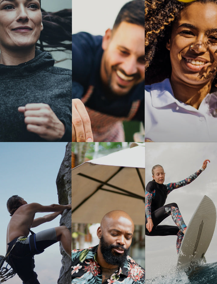 Montage of 7 images of people doing the things they love: running, cooking, tennis, piano, climbing, playing guitar and surfing