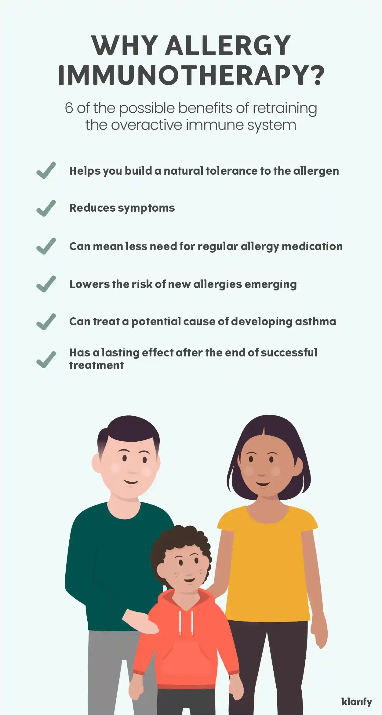 Infographic about allergy immunotherapy, which is treatment to retrain the overactive immune system. Details of the infographic below