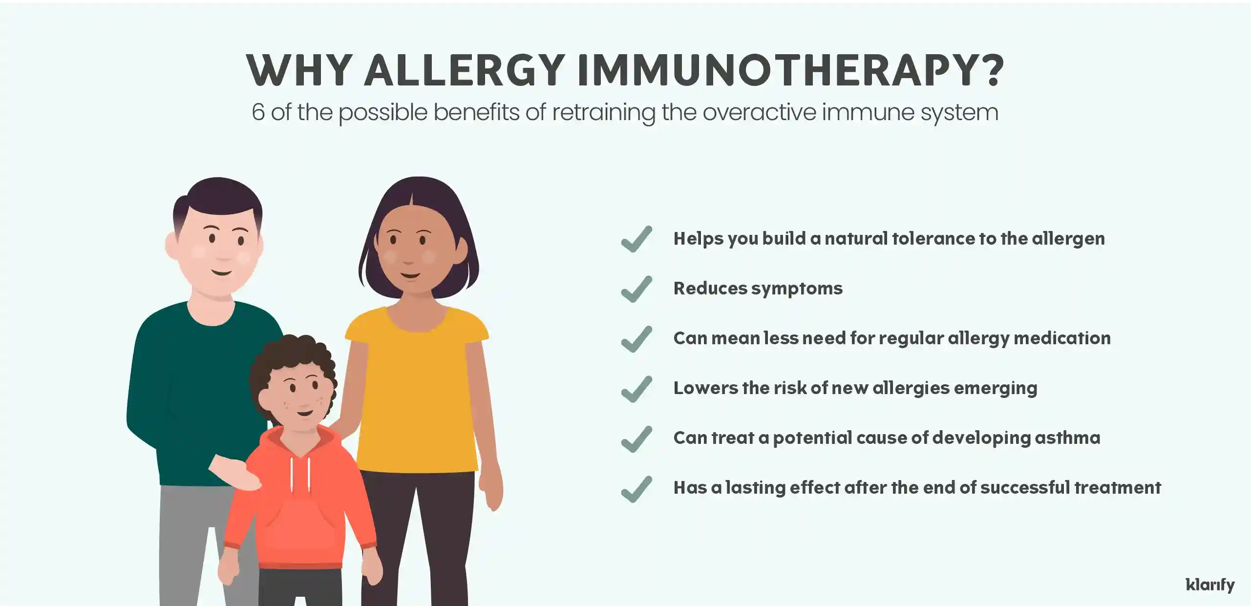 Infographic about allergy immunotherapy, which is treatment to retrain the overactive immune system. Details of the infographic below