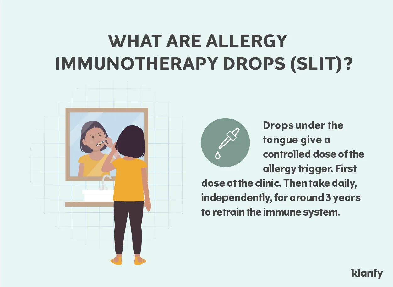 Infographic about allergy immunotherapy drops, or sublingual immunotherapy. Details of the infographic below